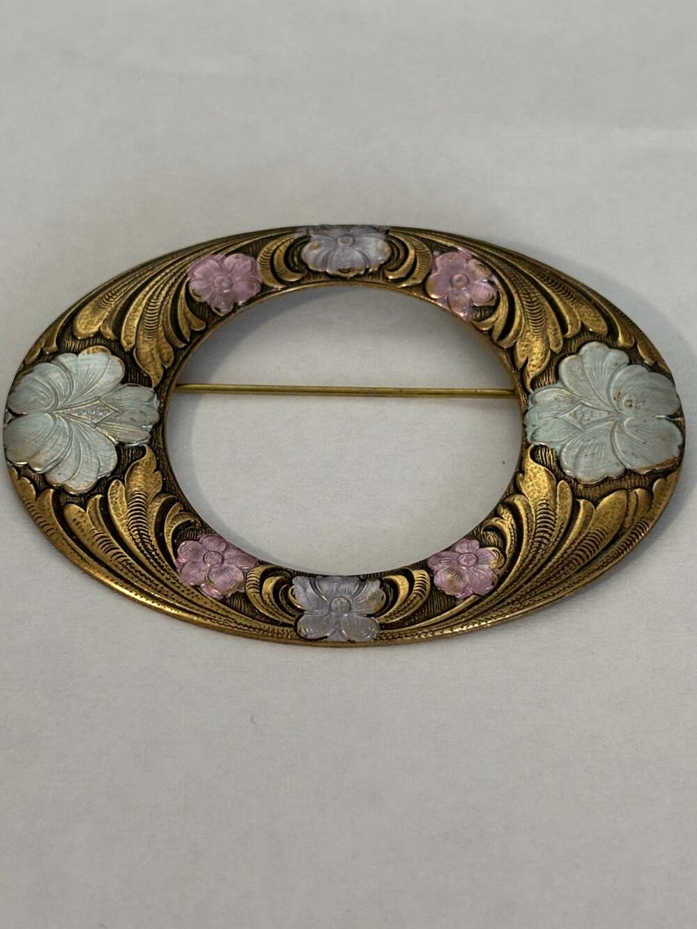 Vintage Brass Brooch Art Nouveau Style Brooch Enamel